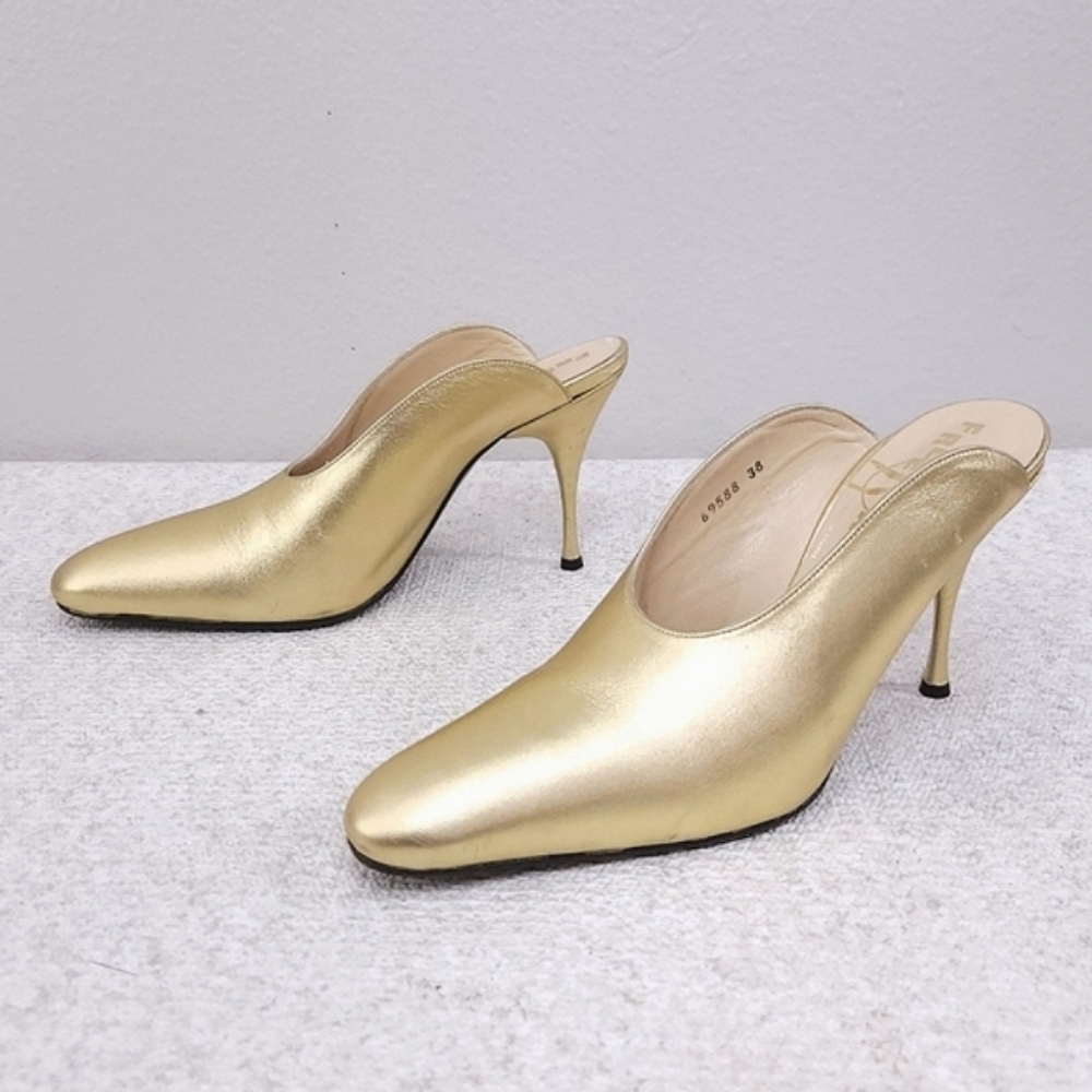 Vintage FREE LANCE Paris Mules Metallic Gold Leather Stiletto Heels Pumps EU 38 - Picture 4 of 12